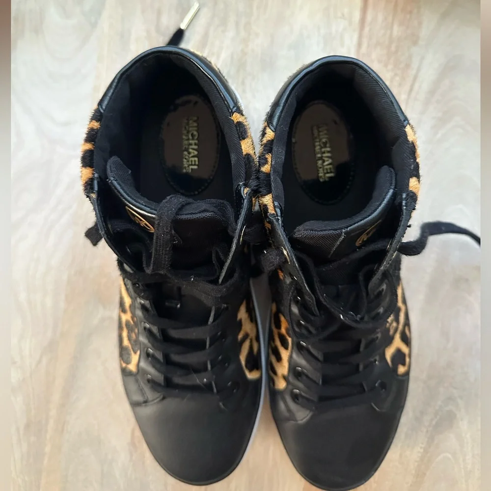 Michael Kors Leopard Print High-Top Sneakers in Black and Brown